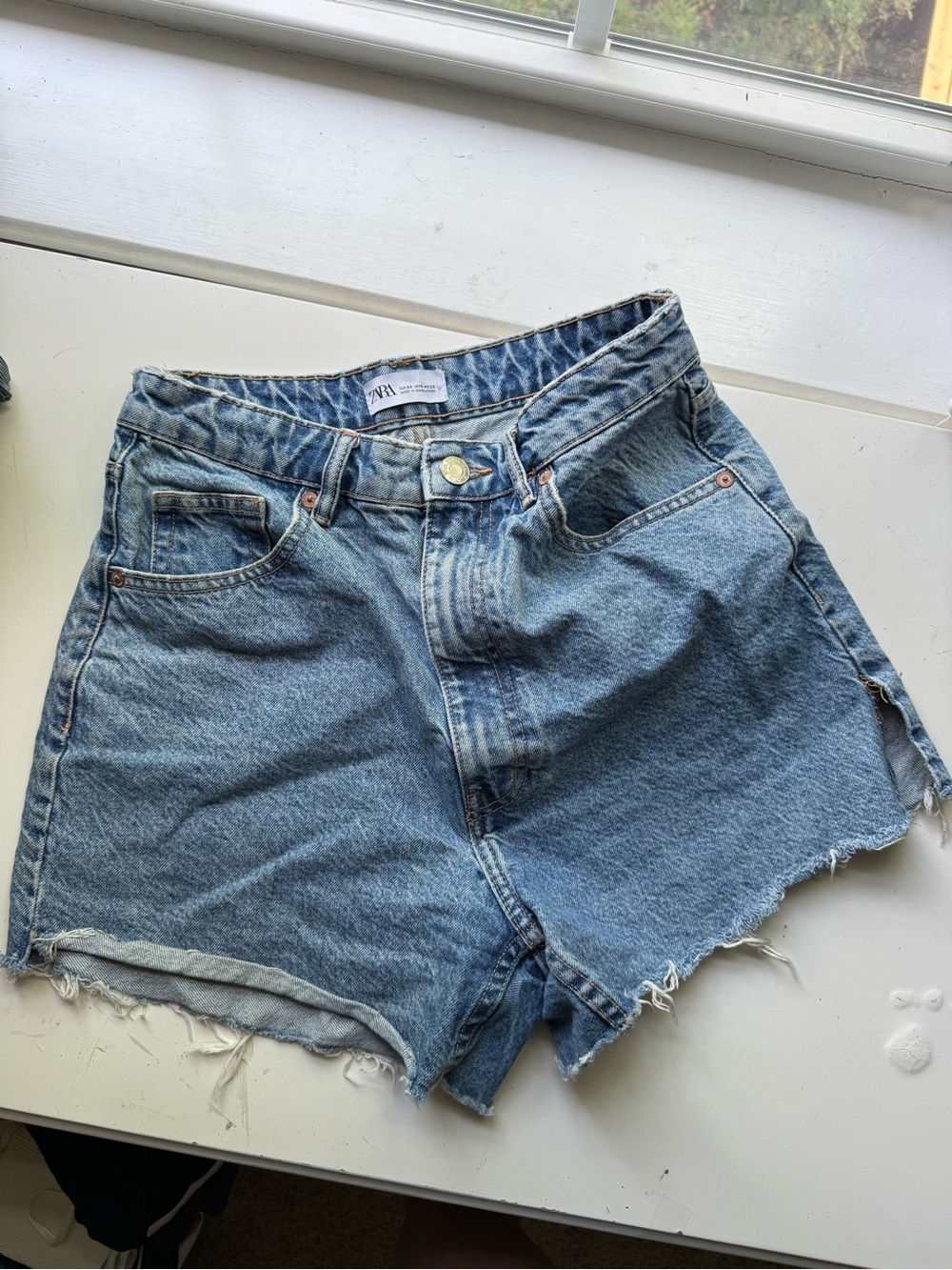 Zara Medium Blue Frayed Hem High-Waist Denim Shorts